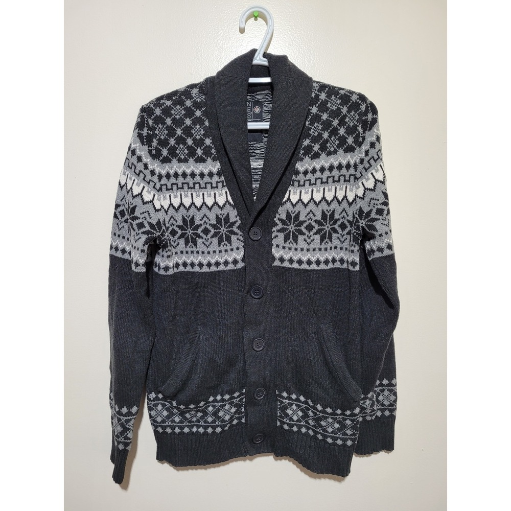 On The Byas Cardigan Sweater Mens Small Charcoal Grey Fair Isle Shawl Collar‎